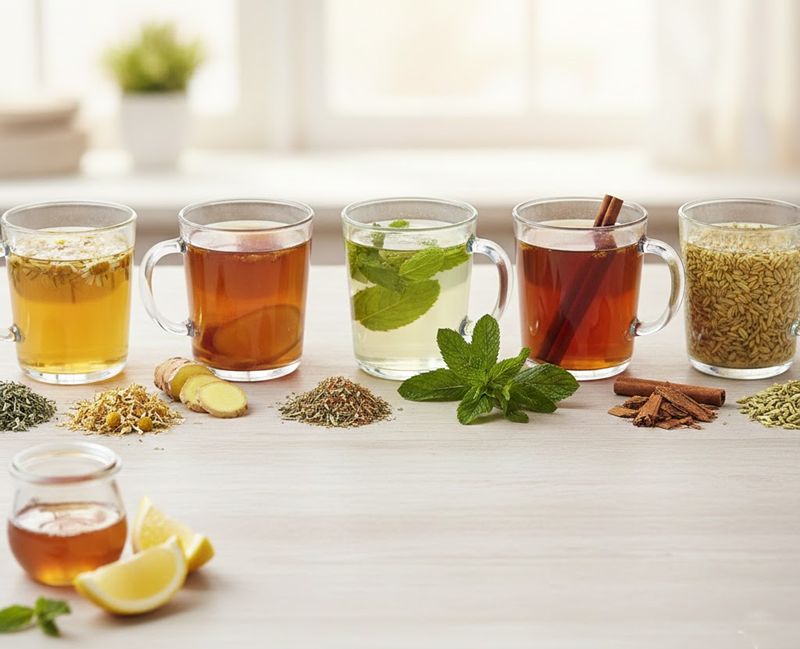 Cinco copos de diferentes chás naturais para cólica menstrual organizados sobre uma mesa clara