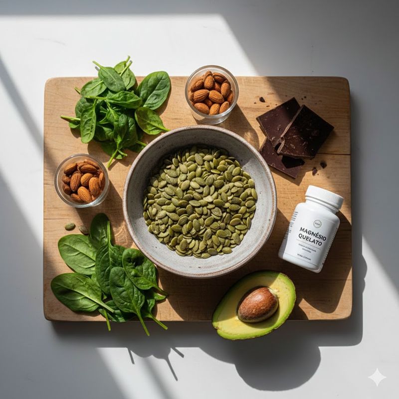 Seleção de alimentos ricos e suplementos para aproveitar os benefícios do magnésio.