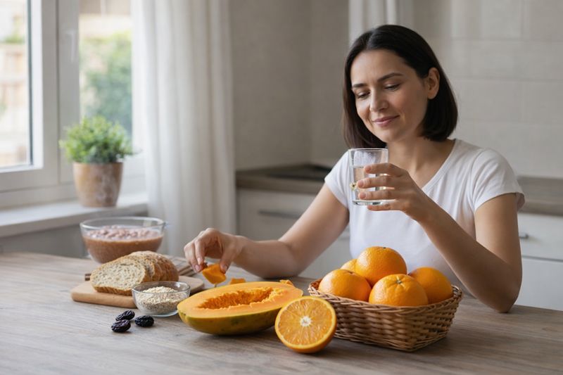 Mulher sorridente em uma cozinha segurando um copo de água, com uma mesa repleta de alimentos ricos em fibras como laranjas, mamão, pão integral, aveia e feijão.