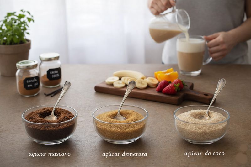 Tipos de açúcar mascavo e demerara na mesa