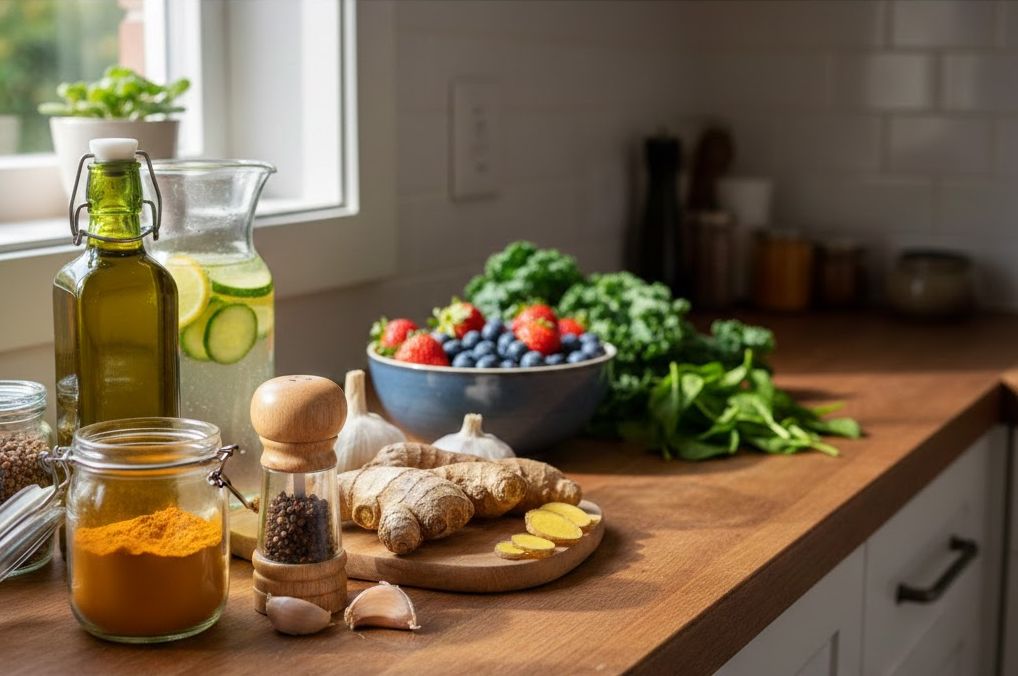 Bancada de cozinha com alimentos anti-inflamatórios: pote de cúrcuma, moedor de pimenta, gengibre fresco, jarra de água com limão e tigela de frutas.