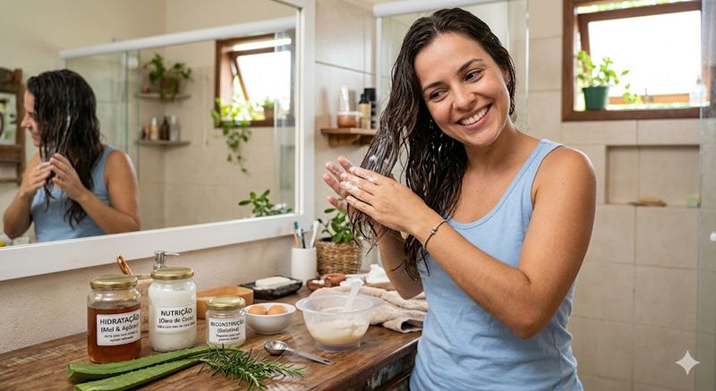 Mulher aplicando máscara capilar caseira no banheiro com potinhos de hidratação, nutrição e reconstrução sobre a bancada