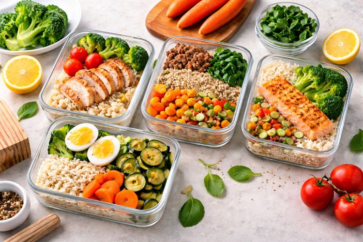 Marmitas saudáveis em recipientes de vidro com arroz integral, frango grelhado, salmão, ovos, legumes e verduras organizadas para refeições da semana.