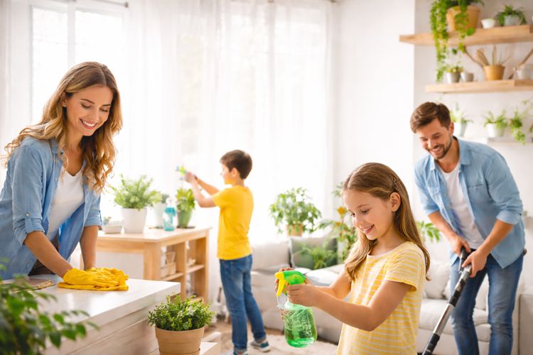 Família limpando e organizando a casa em um ambiente iluminado e saudável.