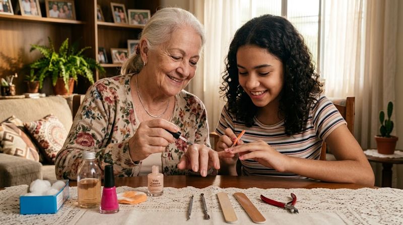Avó e neta fazendo as unhas juntas em casa com um kit de manicure sobre a mesa.