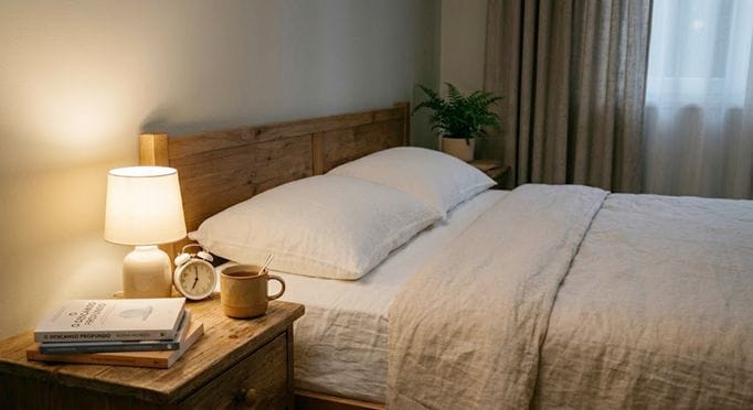 Quarto aconchegante com cama arrumada, livro e chá na cabeceira, iluminado por abajur suave.
